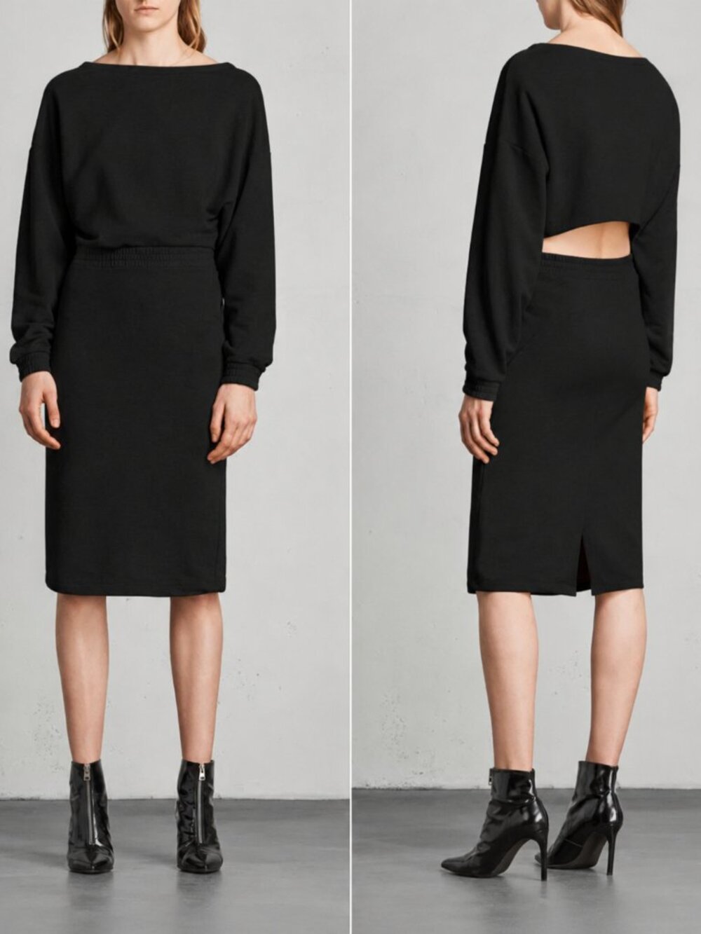 AllSaints Black Sweat Dress Womens Long Sleeve Open Back Midi Dress Size S